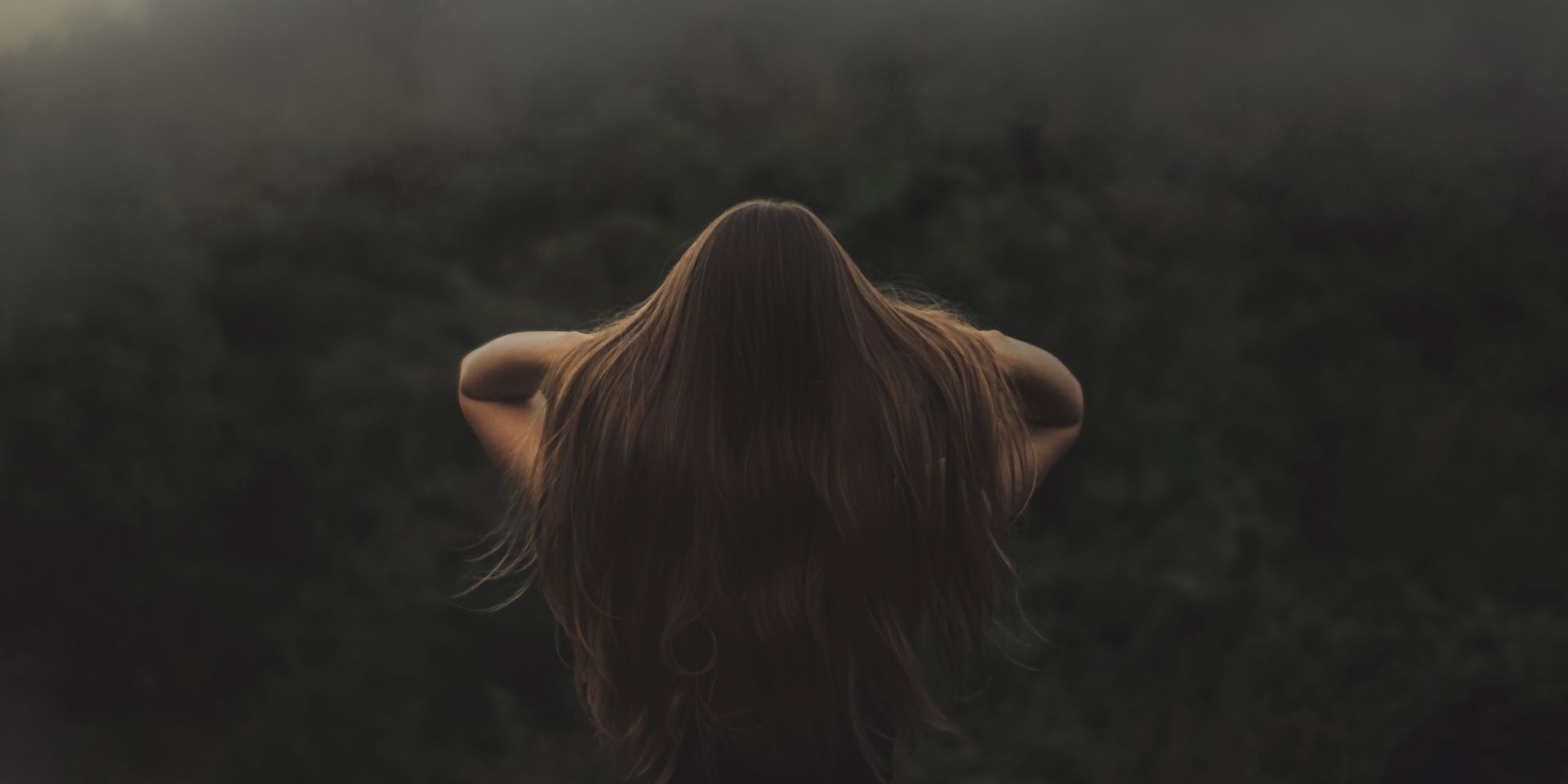 Back view of a woman with long hair, standing in a misty forest.